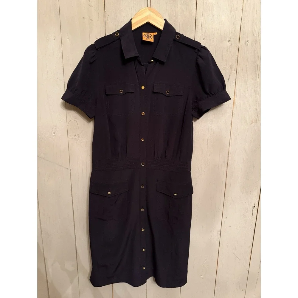 Tory Burch Silk Gennifer Military Shirt Dress 8 Navy Blue Gold Buttons Nautical